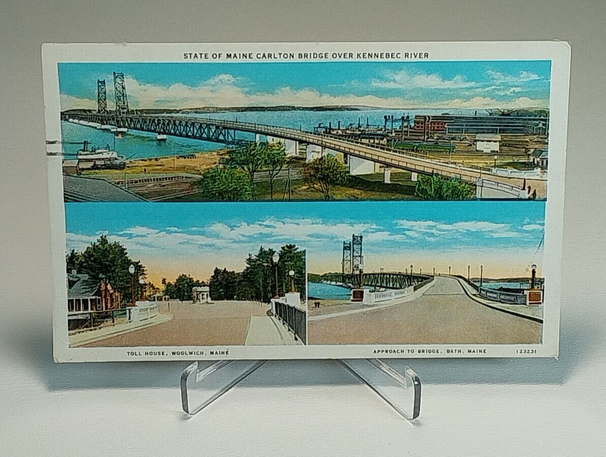 1935 State of Maine Carlton Bridge Over Kennebec River Vintage Postcard