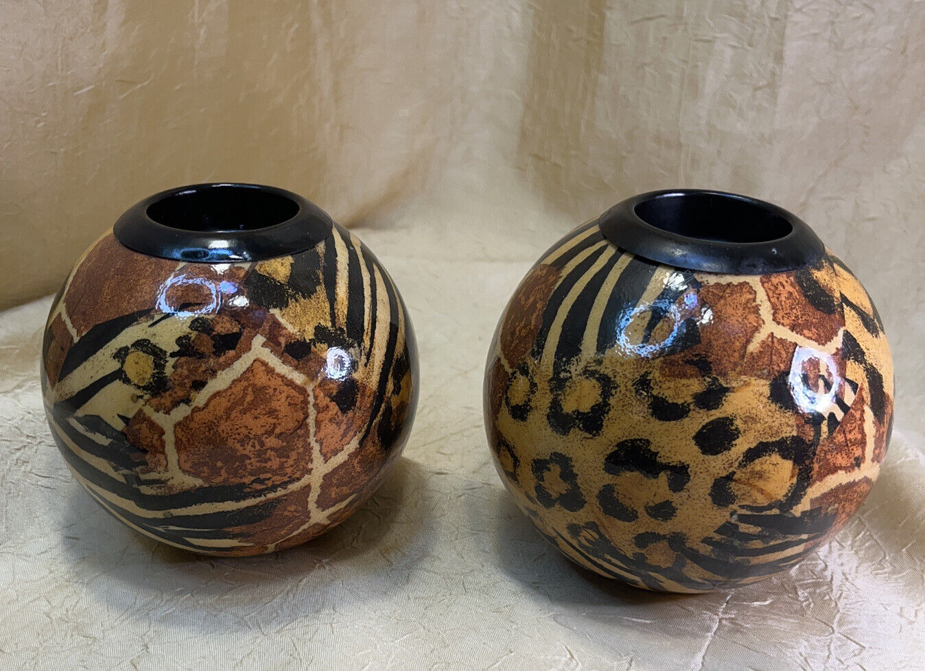 Beautiful 4” Worx Of Africa Tealight Candle Holder SET (2) In “Mixed Skins”