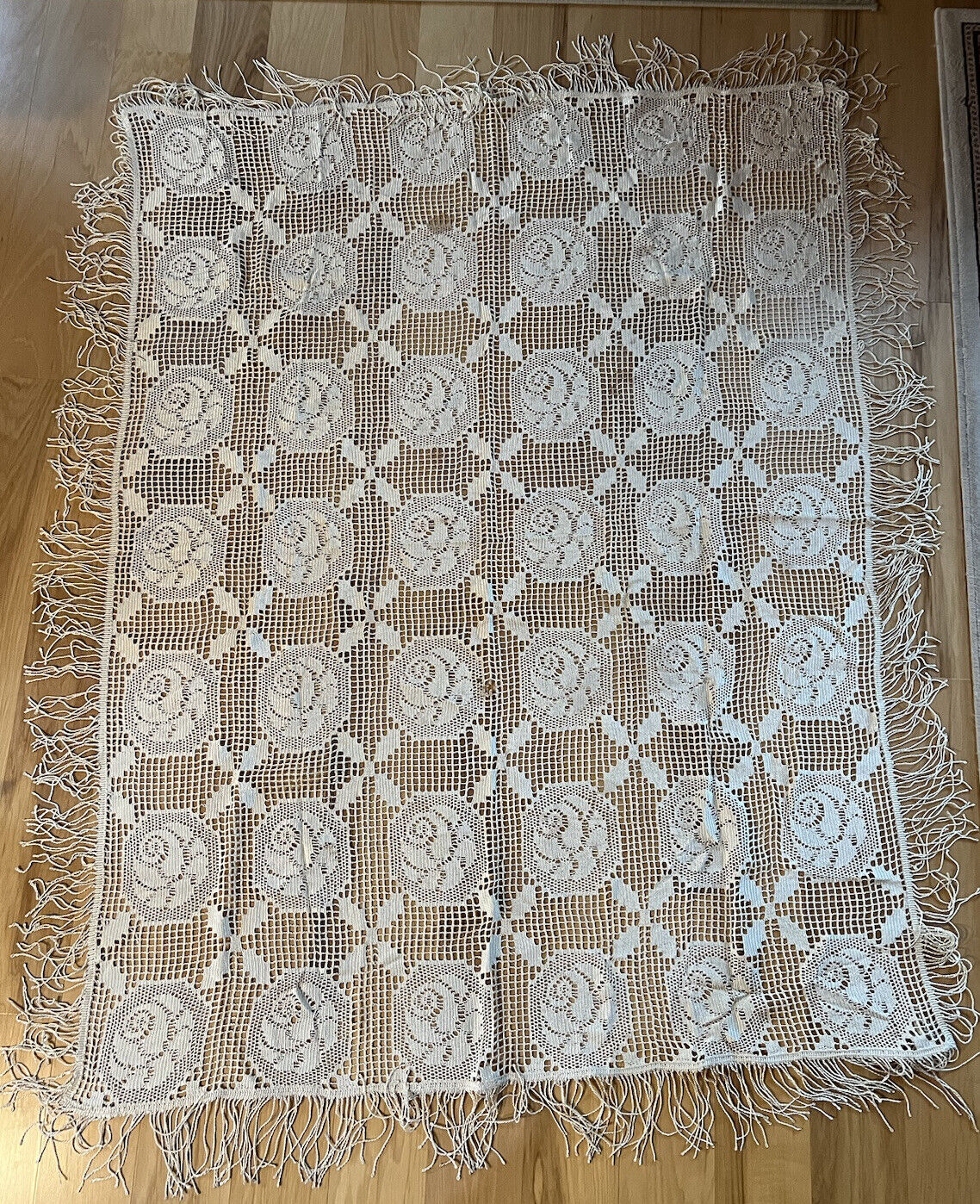 VTG Hand Crocheted Ecru Fringed Tablecloth Lace Table Cover 60x45 Rectangle