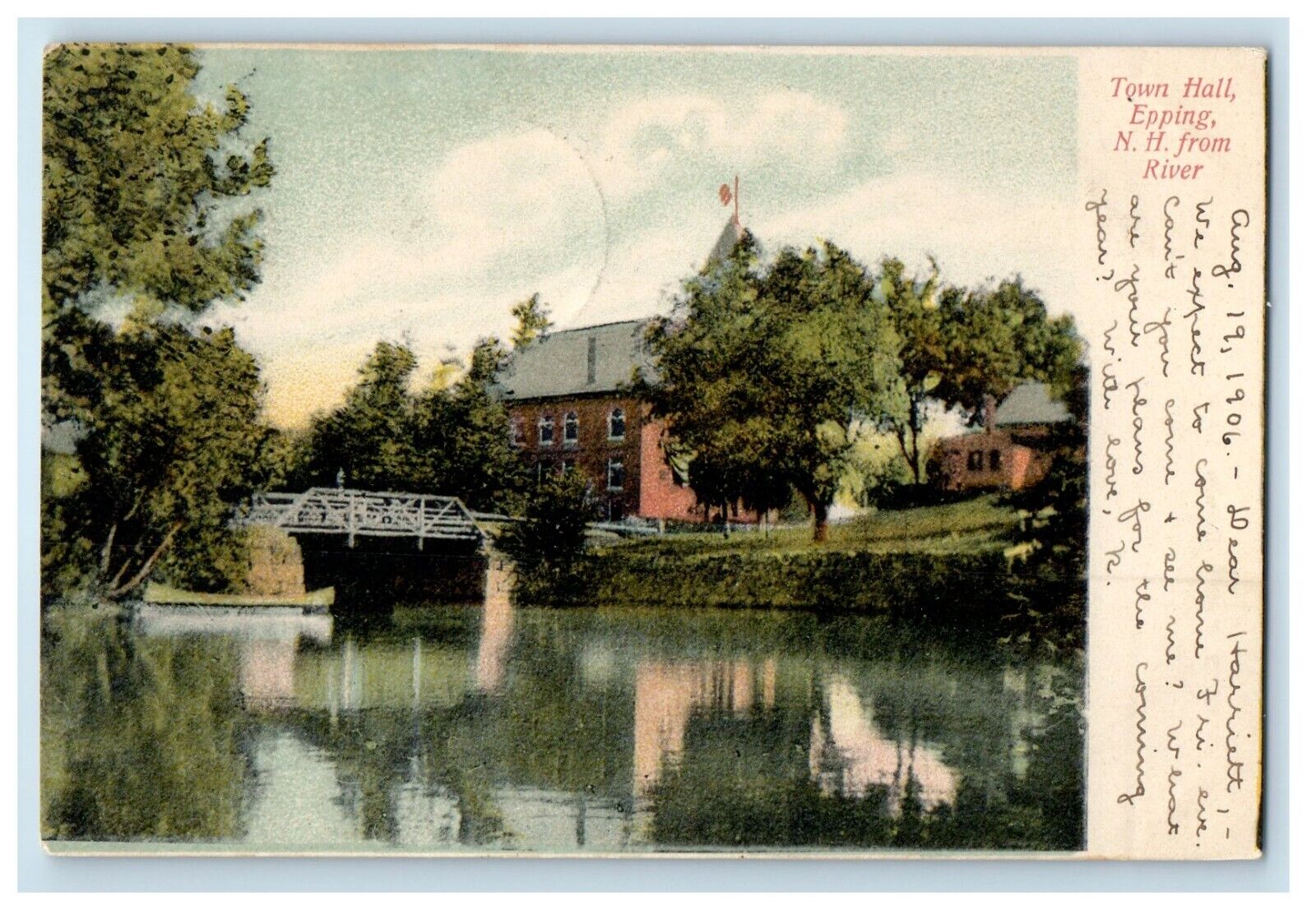 1906 Town Hall From River Bridge Epping New Hampshire NH Posted Antique Postcard