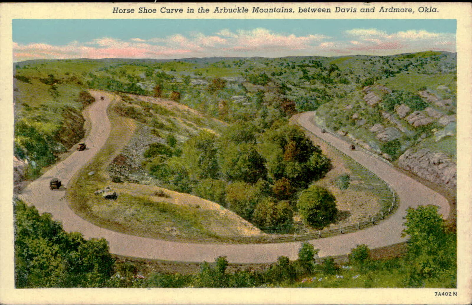 Postcard: Horse Shoe Curve in the Arbuckle Mountains, between Davis an