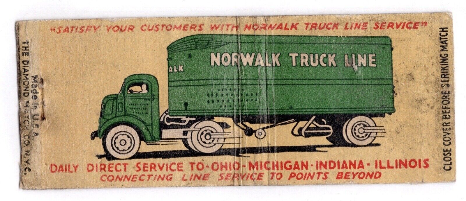 c1940s Norwalk Tuck Line Semitrailer Ohio Michigan IN IL Vintage Matchbook Cover