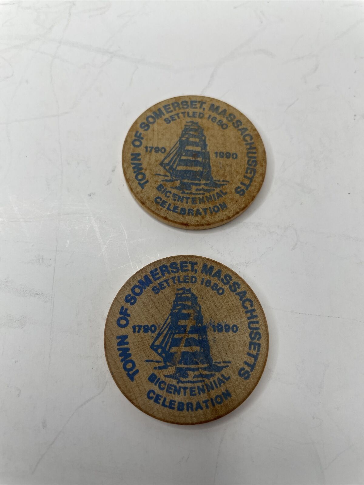 2 Somerset Massachusetts Bicentennial Celebration 1790-1990 Wooden Nickel
