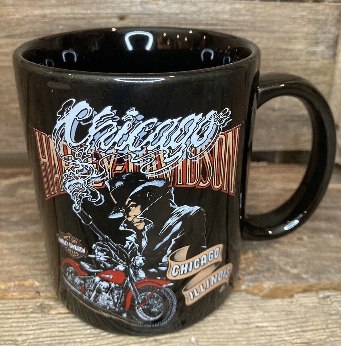 VTG 1978 Harley Davidson Smoking Gun Motorcycle Coffee Mug Chicago IL 14 oz