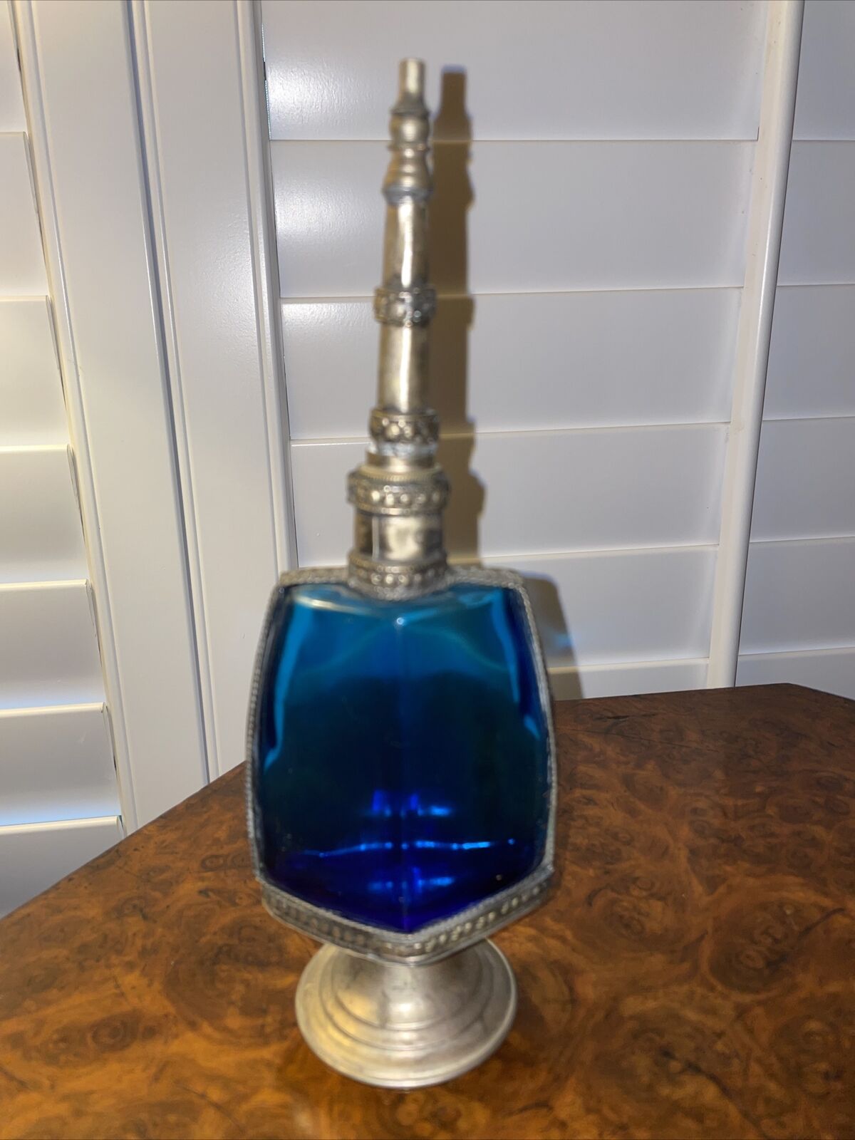 Vintage Moroccan Blue Glass 9.25” Rosewater Perfume Bottle