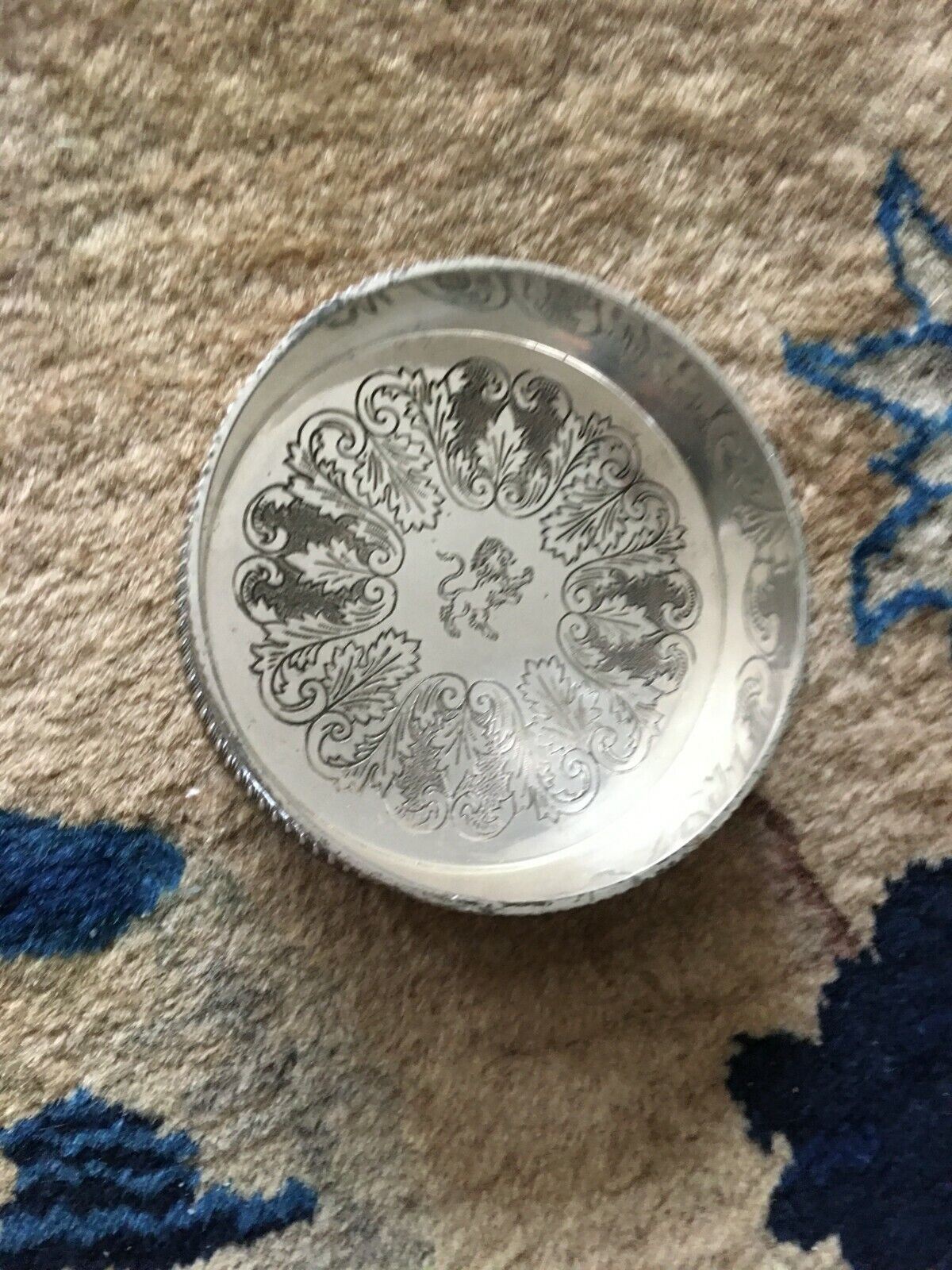 Vintage Round Silver Plated Box / bowl / dish Carved flowers w/ Lion mark 4.75\
