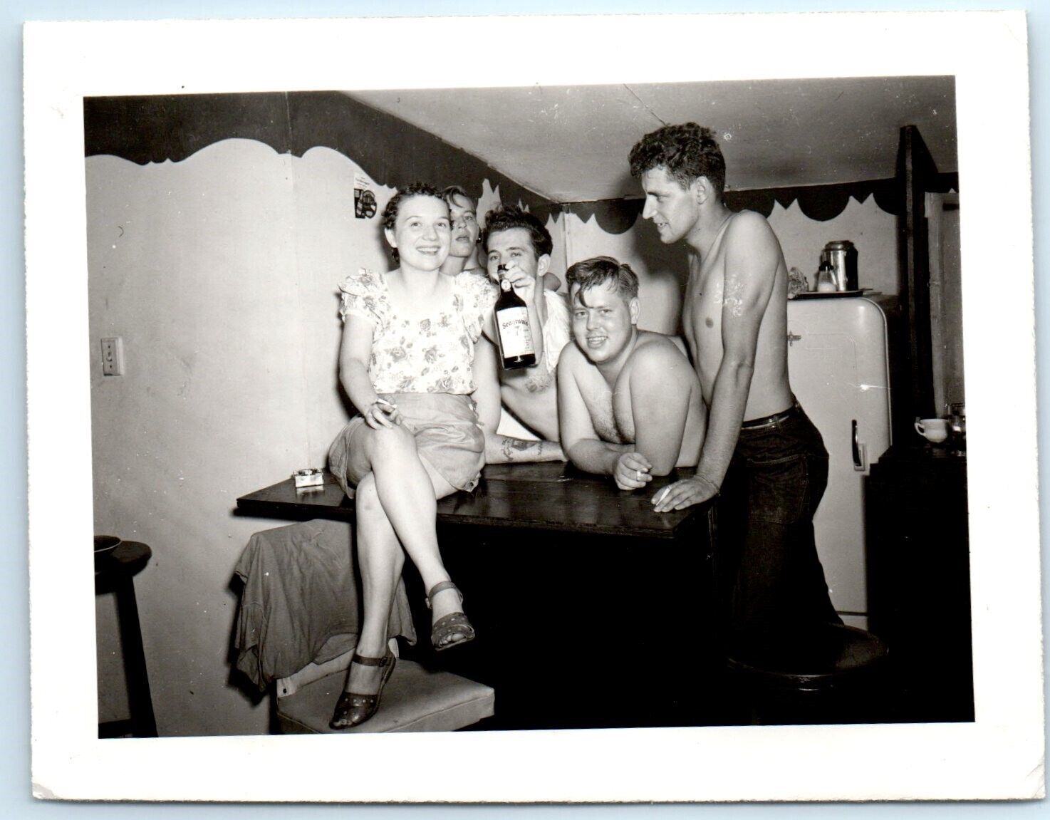 1949 Drunk Shirtless Handsome Men Smoking Woman Bar Seagrams 7 Party VTG Photo 