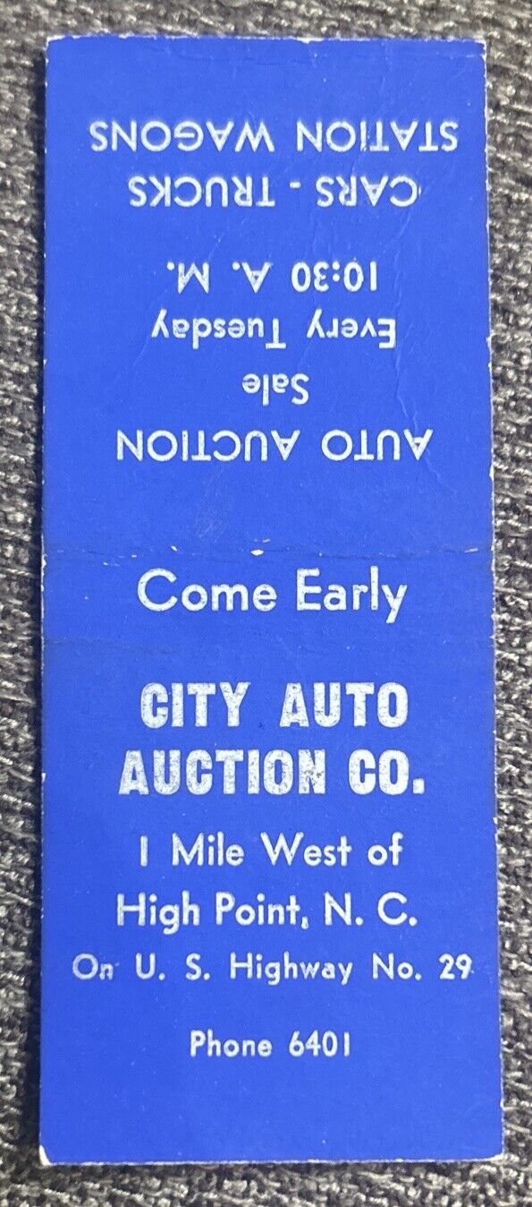 Vintage CITY AUTO AUCTION CO. Matchbook Cover, U.S. Hwy. 29 High Point, N.C.