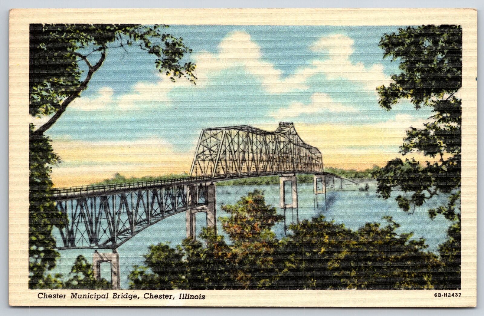 Chester Illinois~Municipal Bridge Over Mississippi River~Vintage Linen Postcard