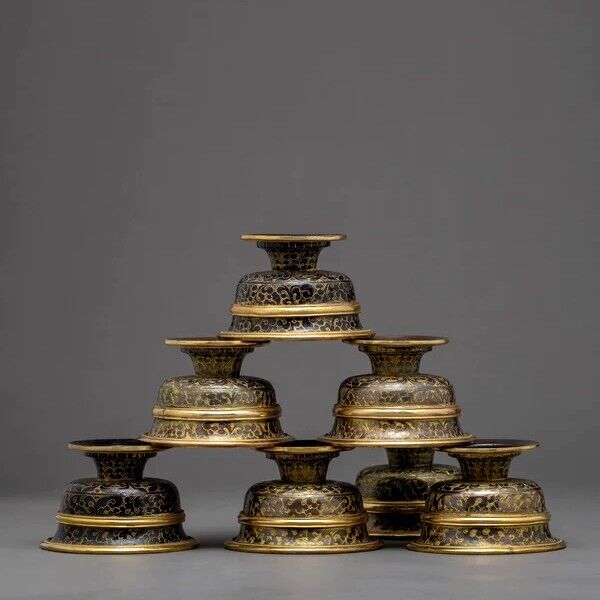 7 Set Copper Tibetan Ritual Buddhist Offering Bowls Nepal Patina Candle Stand