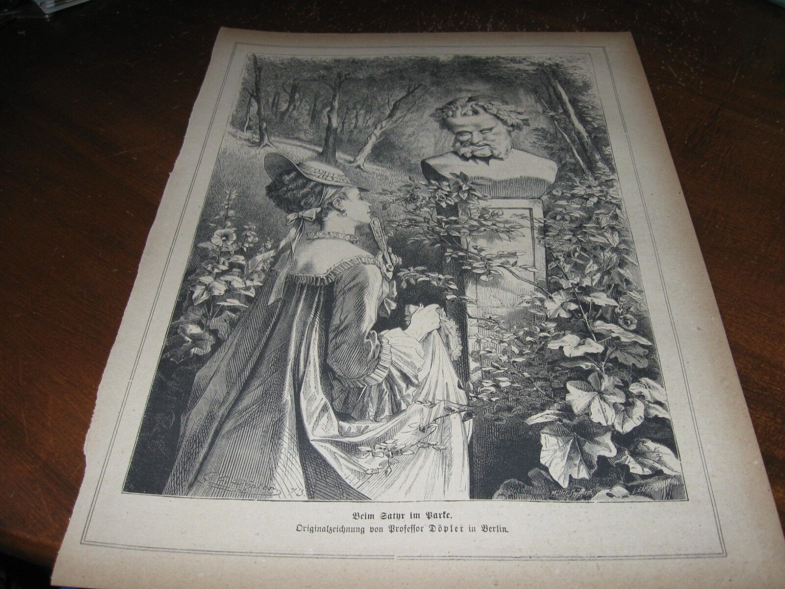 1875 Art Print ENGRAVING - LADY Visiting a SATYR STATUE Faun 