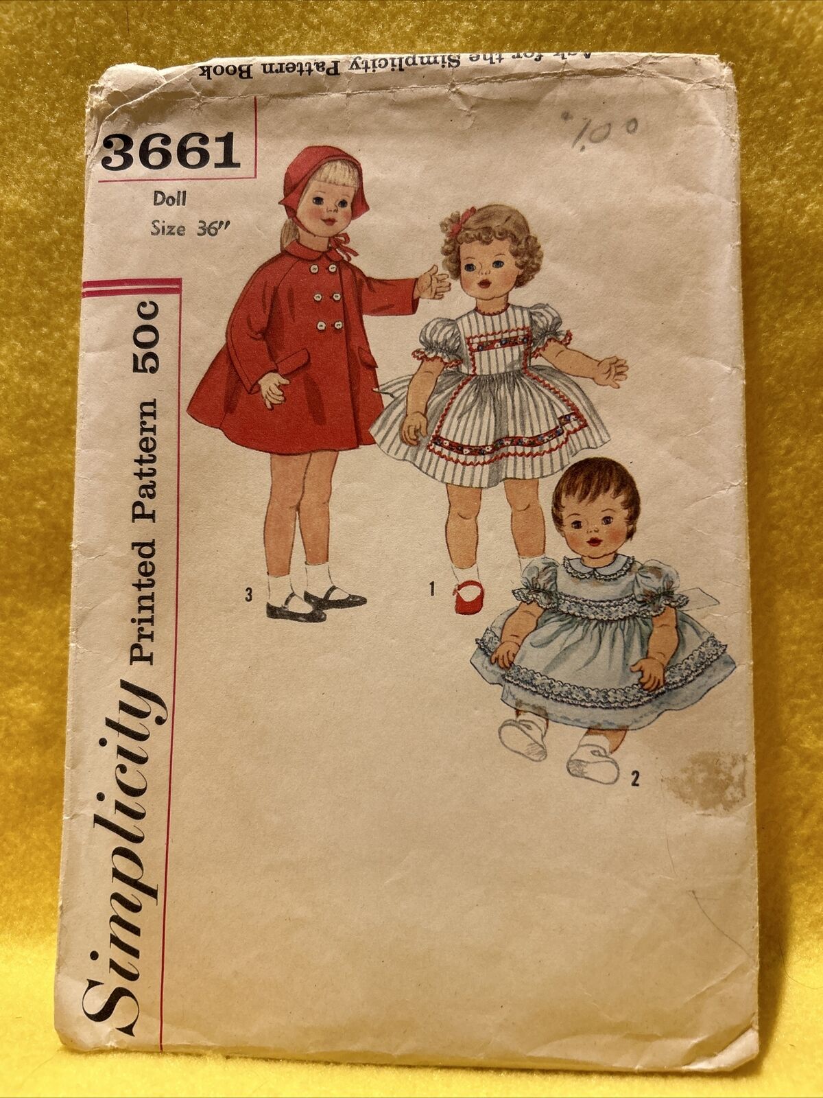 VINTAGE SIMPLICITY 3661 DOLL CLOTHES PATTERN FOR 36 INCH DOLLS (Missing 1 piece)