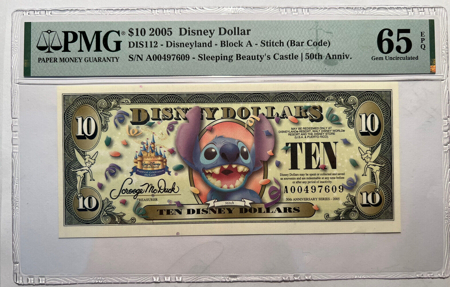 2005 $10 DISNEY DOLLAR STITCH Disneyland Series A00497609 PMG 65 Gem Uncirc 6E