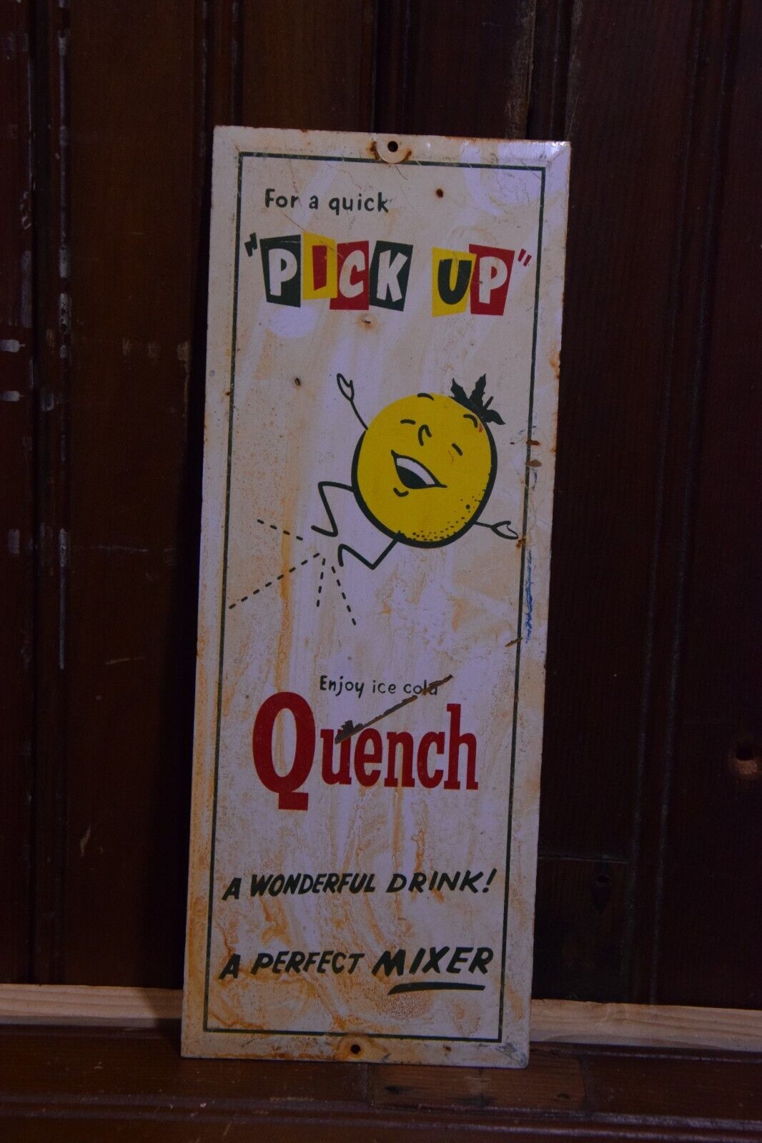1950'S PICK UP QUENCH PERFECT DRINK MIXER STAMPED PAINTED METAL SIGN LEMON SODA