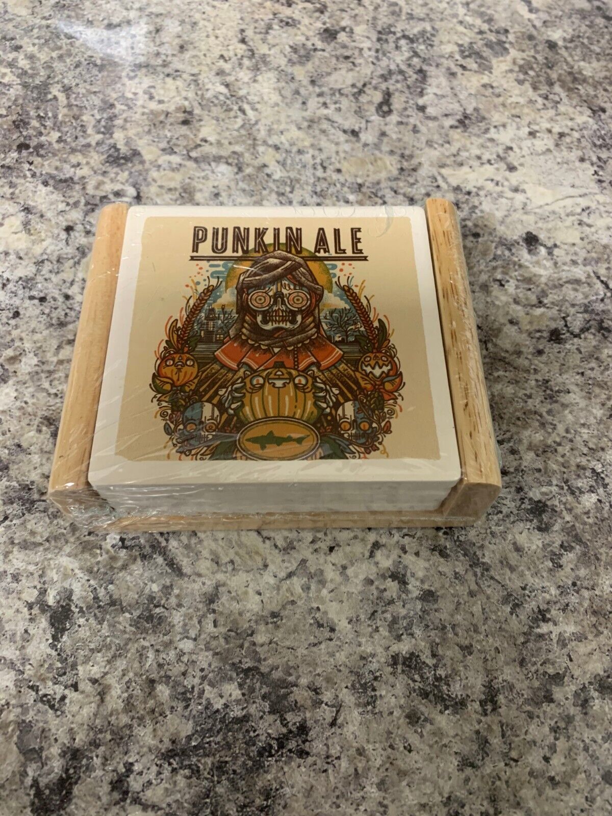Dogfish Head Brewery Ceramic Coasters Set w Wood Holder 4 Different Ales