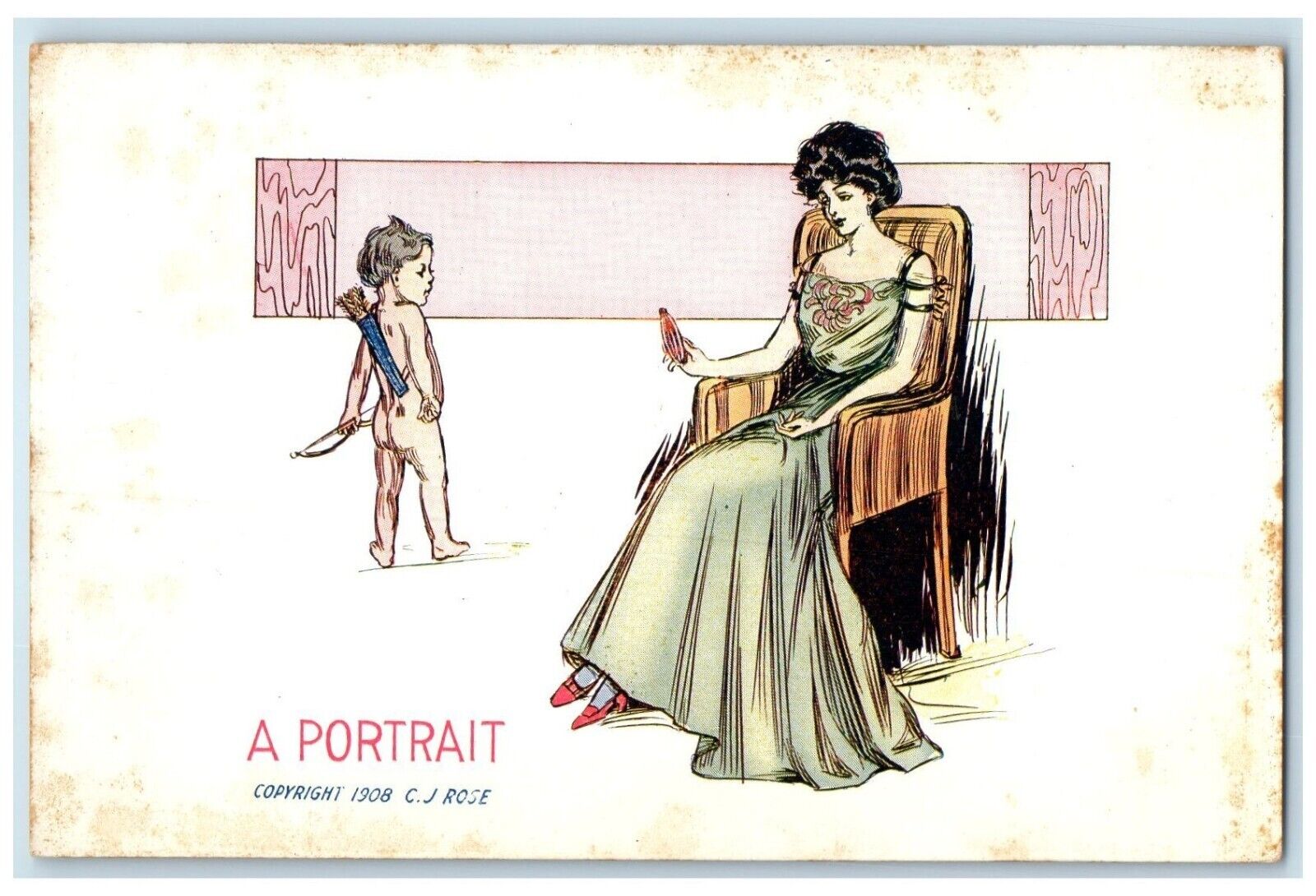 c1910\'s Pretty Woman Sat On Chair Cupid Angel A Portrait Antique Postcard