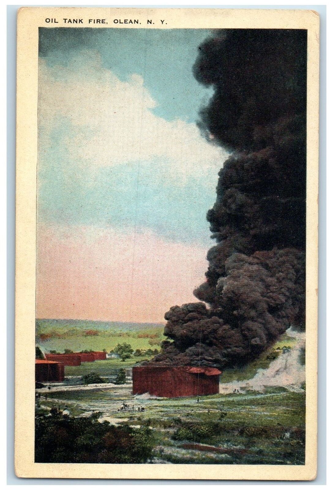 c1920\'s Oil Tank Fire Black Smoke Scene Olean New York NY Unposted Postcard