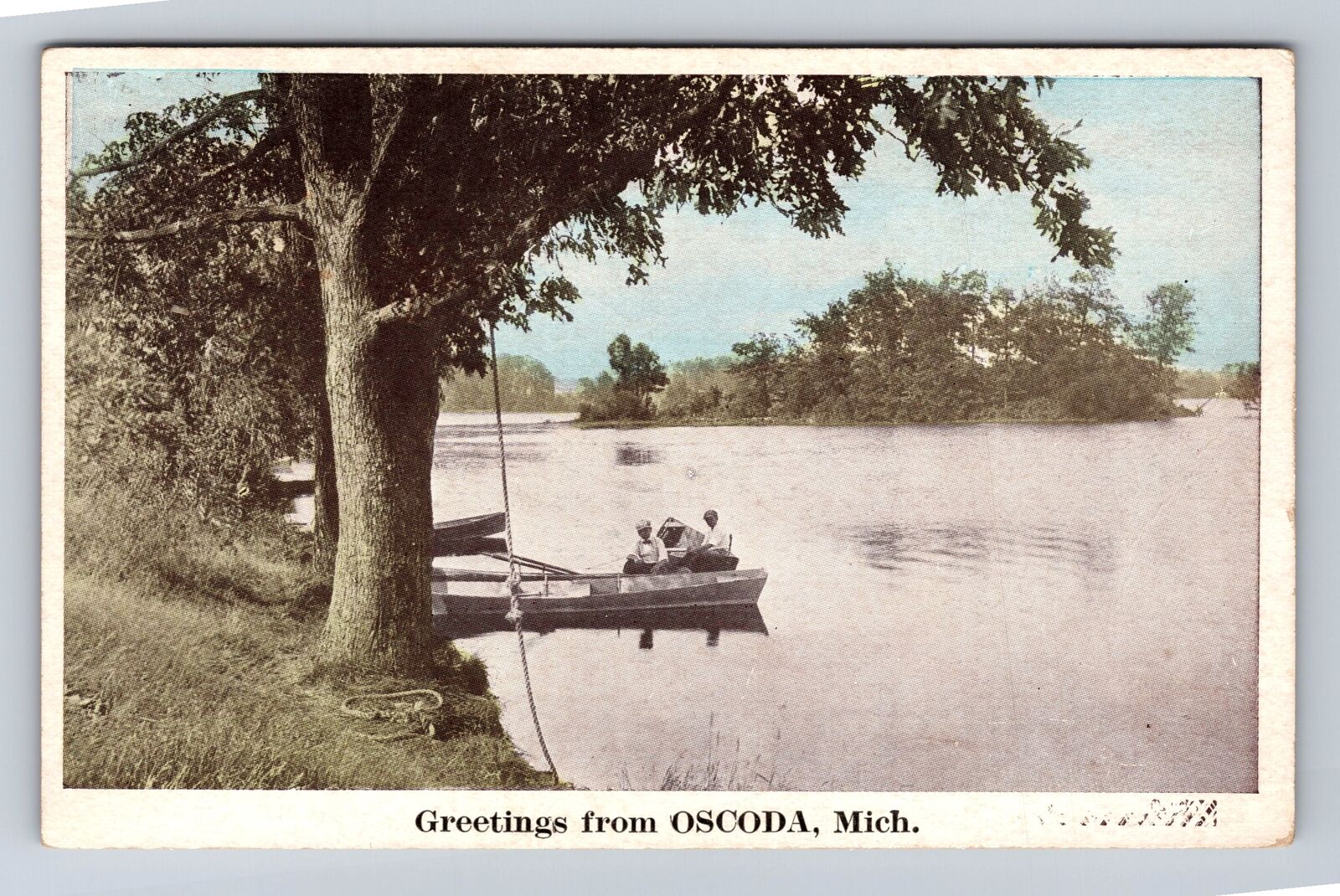 Oscoda MI-Michigan, General Greetings, Boat on River, Vintage Souvenir Postcard