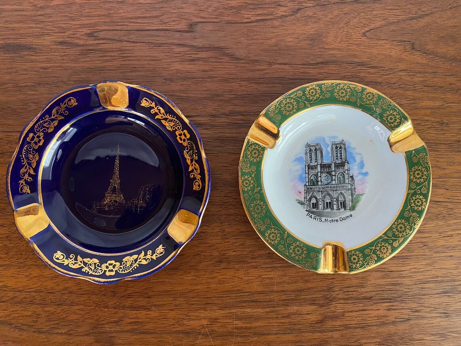 Vintage Lot 2 Limoges Porcelain France Ashtray Cobalt Blue & Gold Notre Dame JA