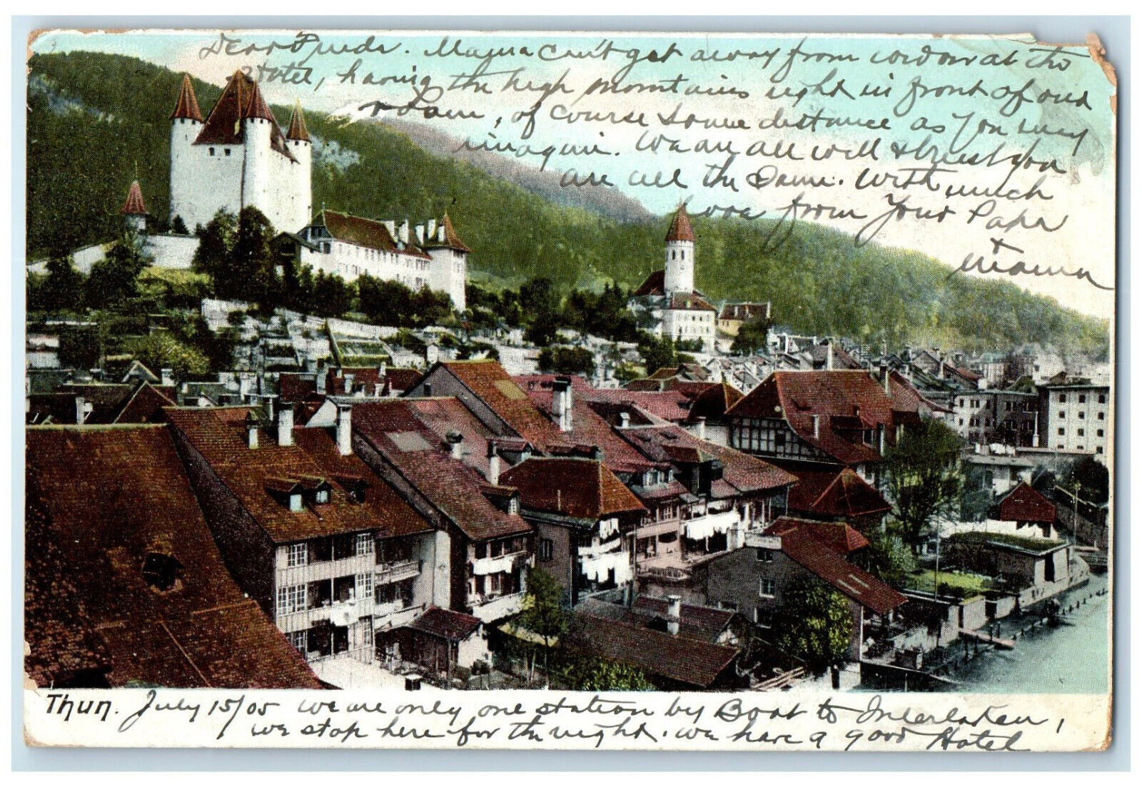 1905 View of Thun Building Hills River Switzerland Posted Antique Postcard