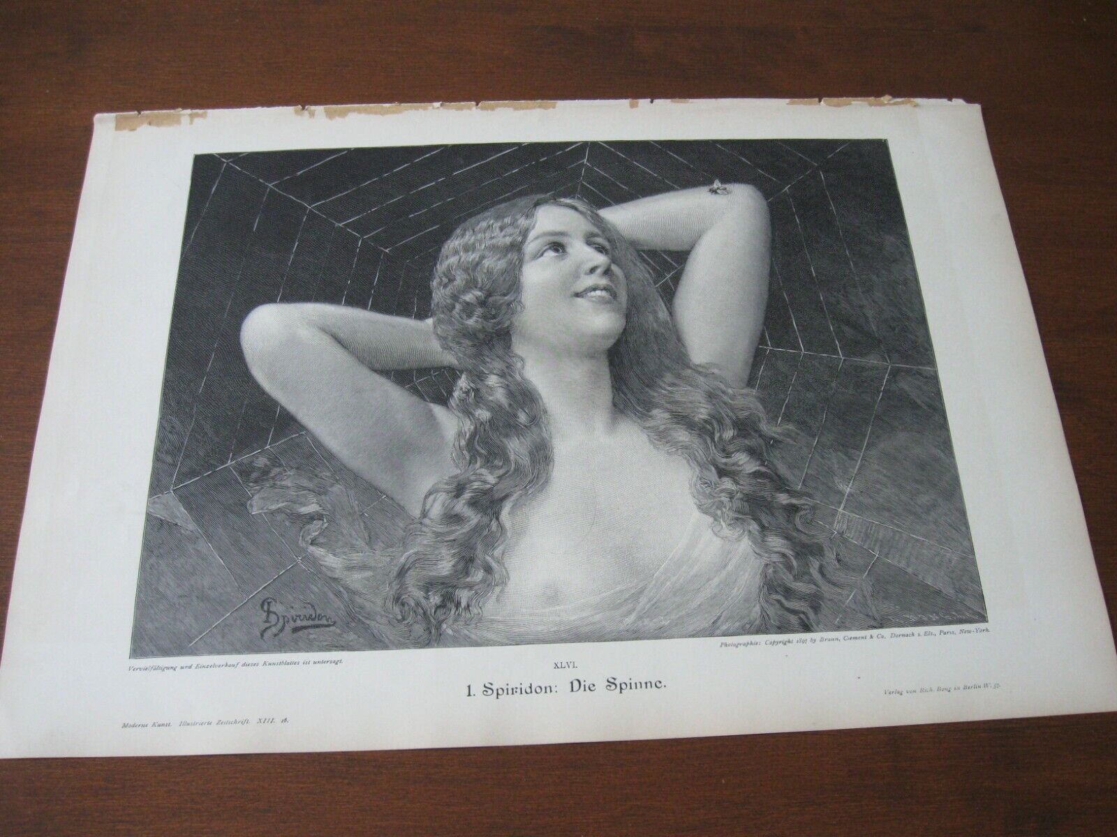 c. 1899 Art Print - Beautiful NUDE GIRL as SPIDER w WEB Fly by SPIRIDON Fantasy