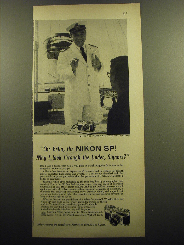 1958 Nikon SP Camera Ad - Che Bella, the Nikon SP May I look through