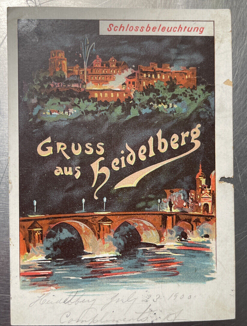 Gruss Aus Heidelberg Schlossbeleuchtung 1900 Post Marked Cancellation Antique