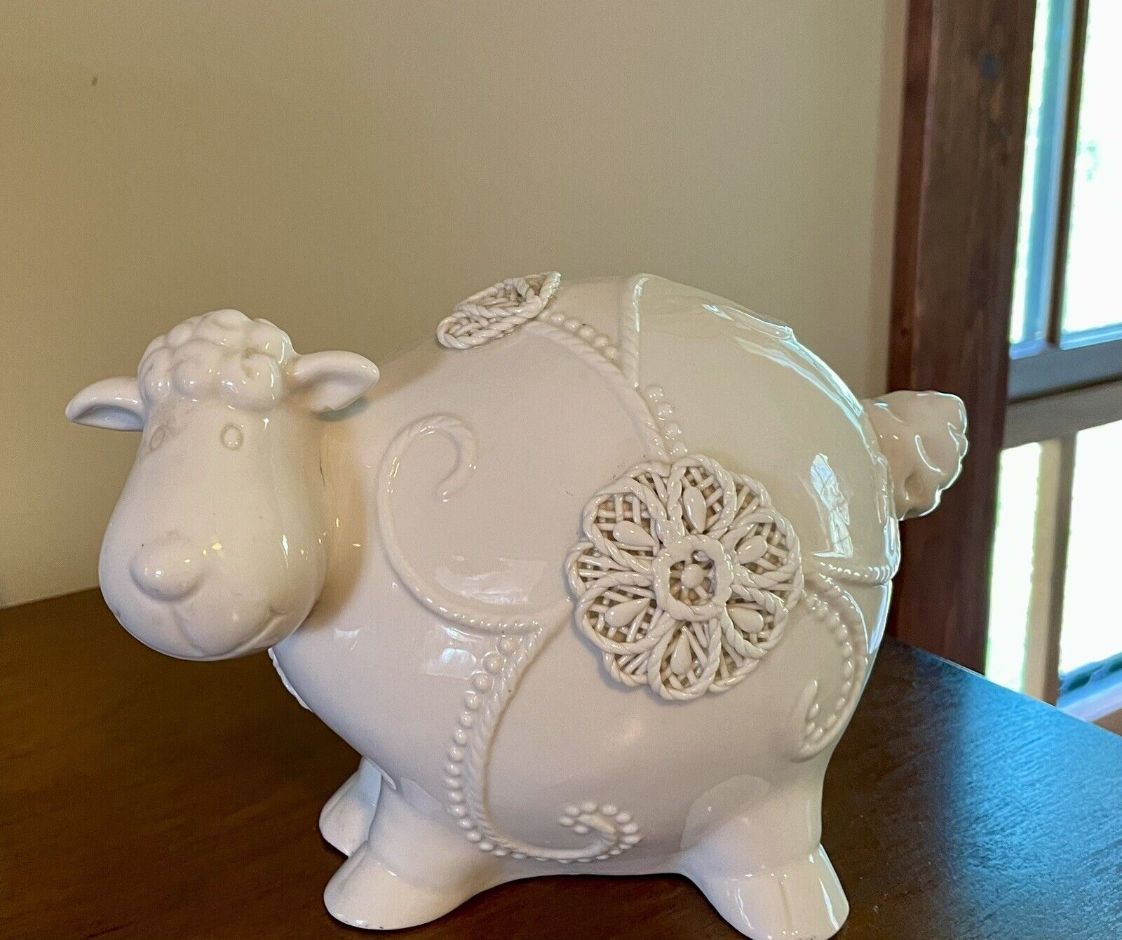 Whimsical Ceramic Sheep Lamb With Flower Appliques
