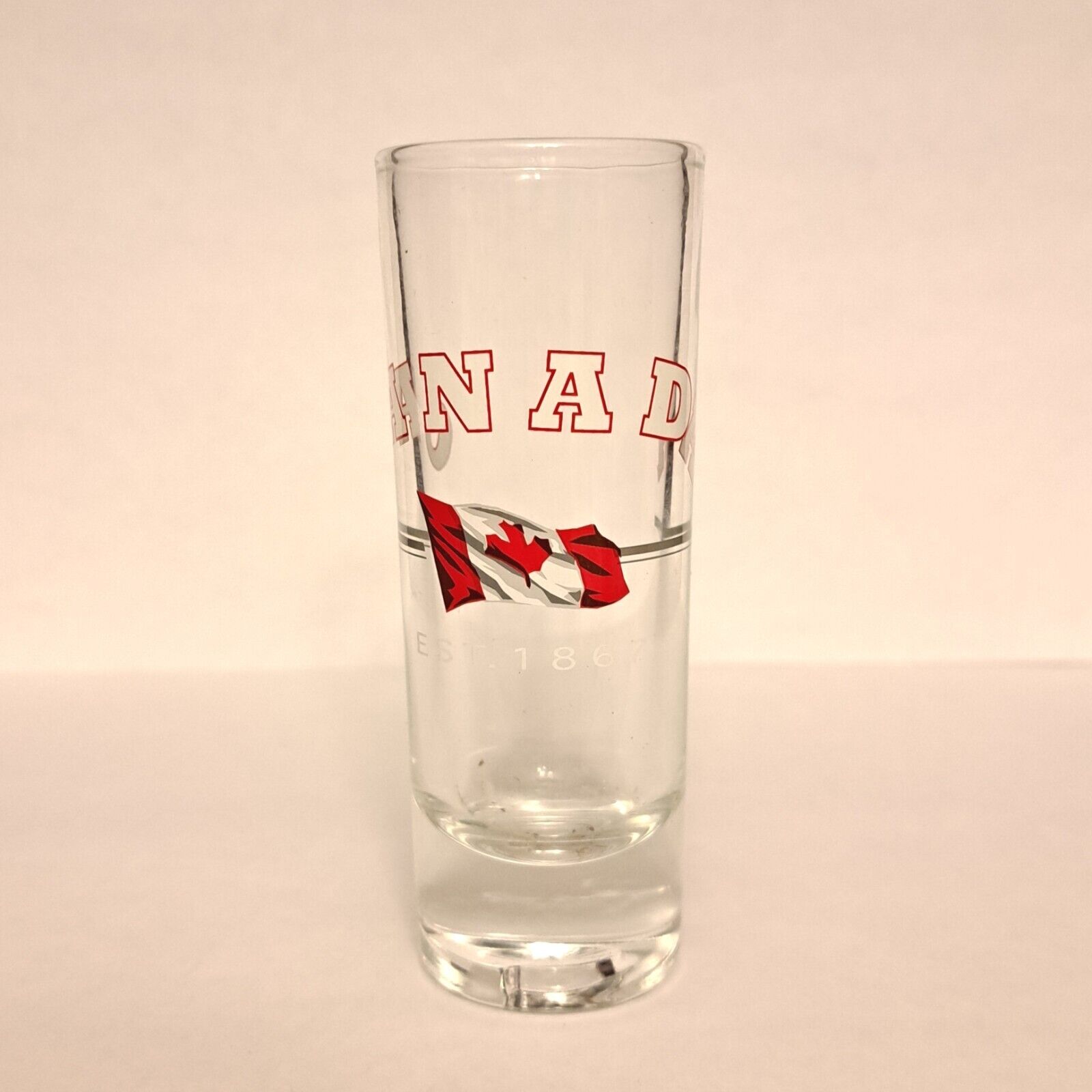 Tall Shot Glass Souvenir Of Canada Est 1867 Clear With Flag Graphics 2 Ounce