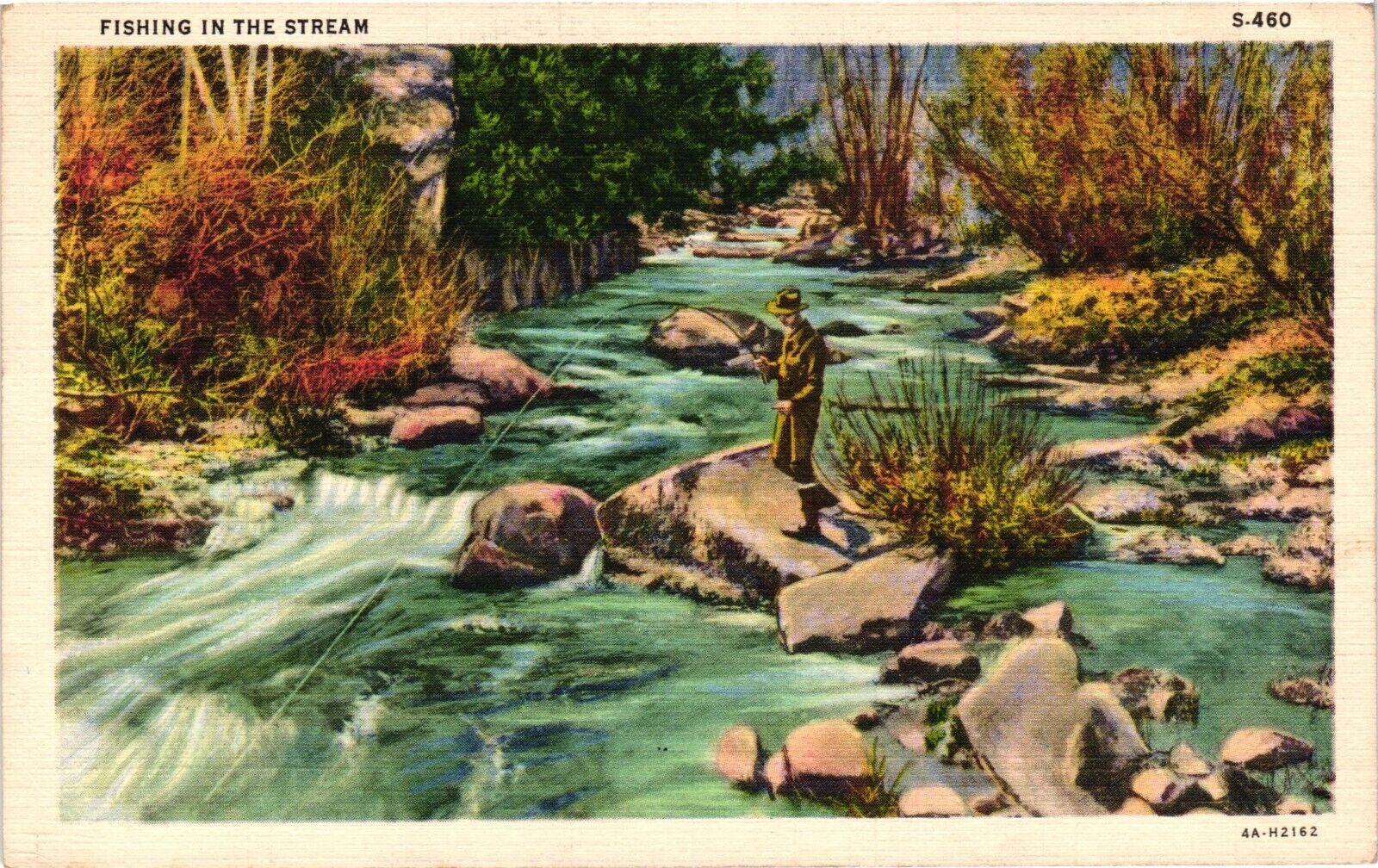 Vintage Postcard - 1939 Fisherman Enjoying The Stream Standing On Rock