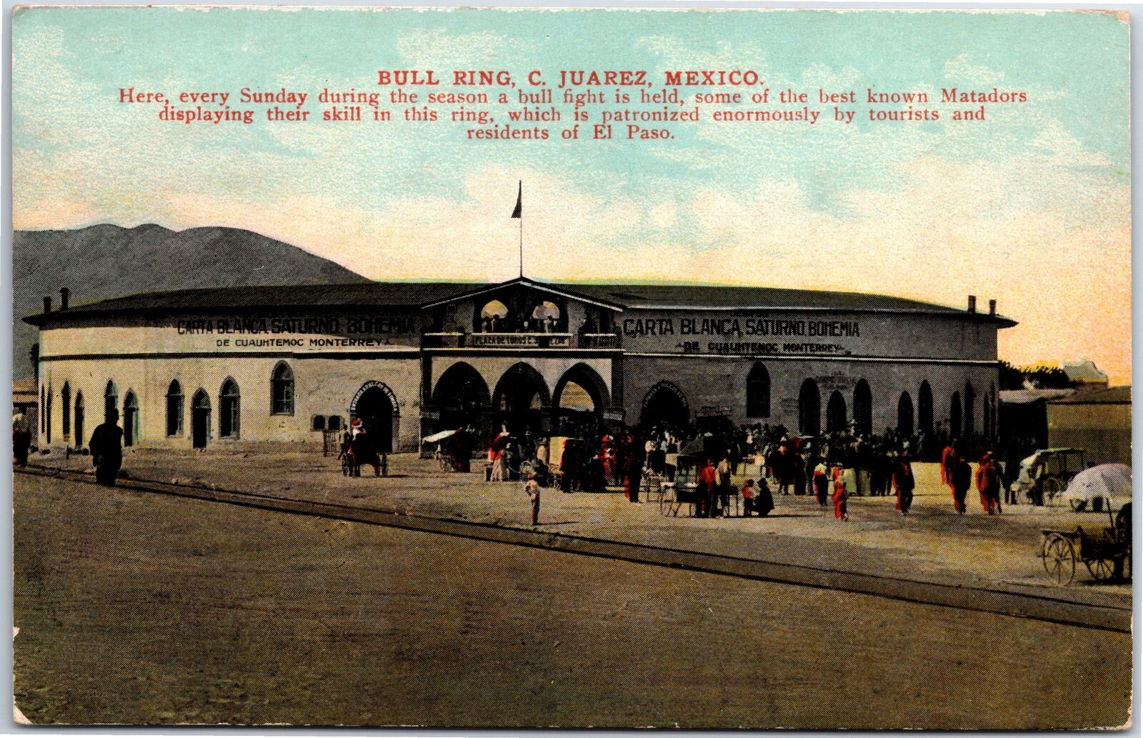 VINTAGE POSTCARD THE BULL RING BULLFIGHTING CROWDS C. JUAREZ MEXICO POSTED 1912