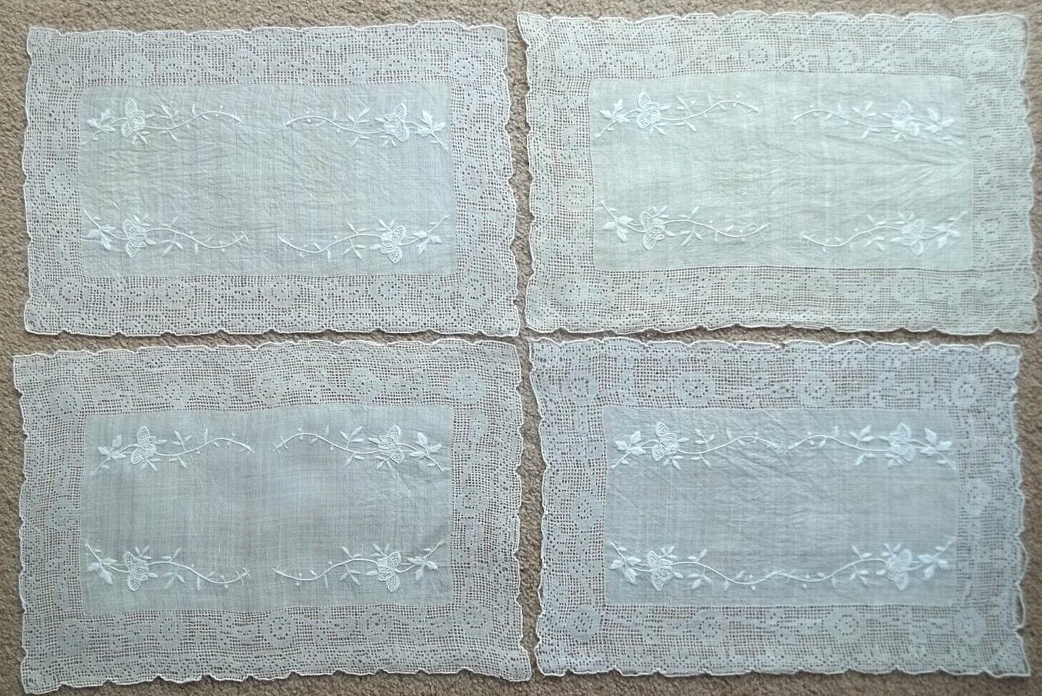 Set 4 Beautiful Vtg White Cotton Embroidered Floral Drawn Work? Lace Placemats