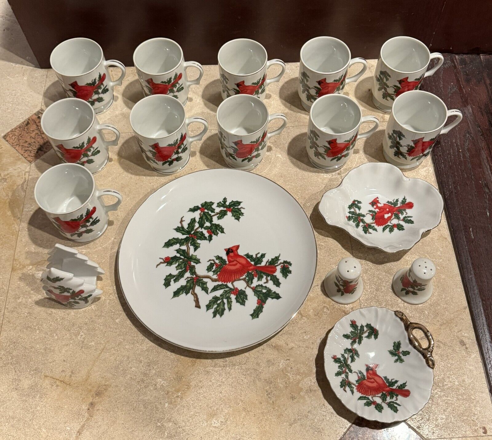 Vintage Lefton Cardinal Christmas Footed Cups + Plates + Candy Dish + Salt