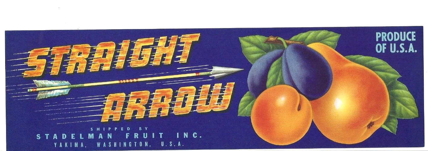Original STRAIGHT ARROW fruit crate label Stadelman Fruit Inc. Yakima WA big