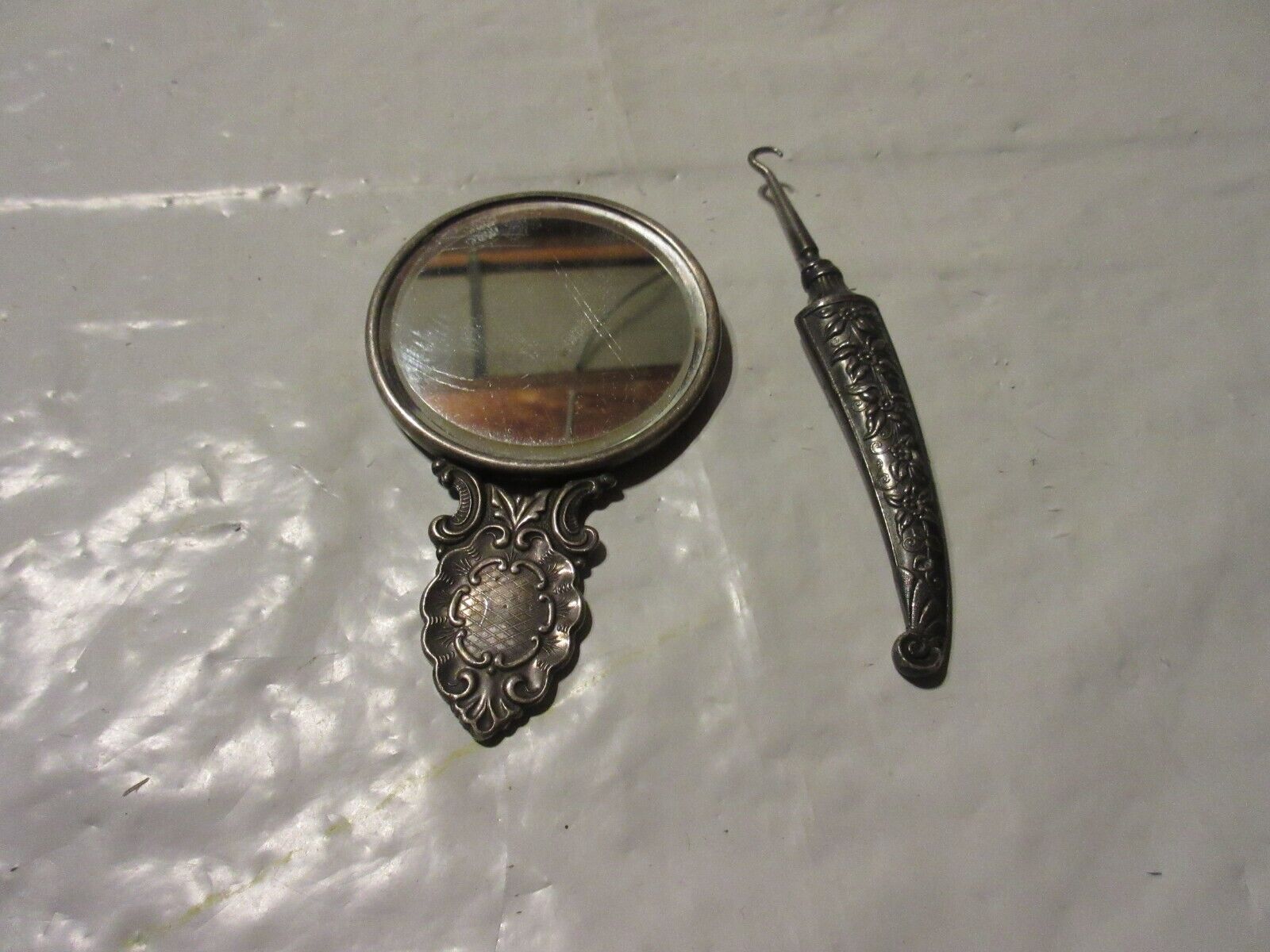 Antique Silver Plate Ornate Handled Vanity Button Hook & Mirror