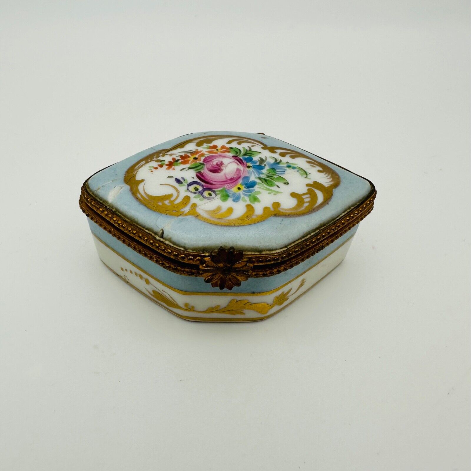 Vintage Limoges Hand Painted Floral Porcelain Hinged Trinket Box Blue Gold As Is