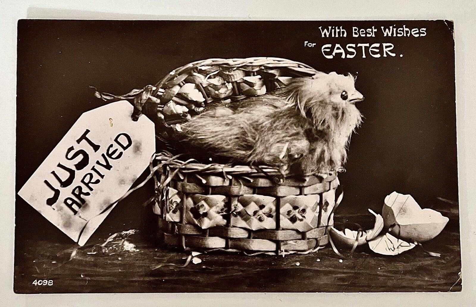 Postcard Antique EASTER Wishes RPPC c1910 Chick With Eggs In Basket REAL Photo
