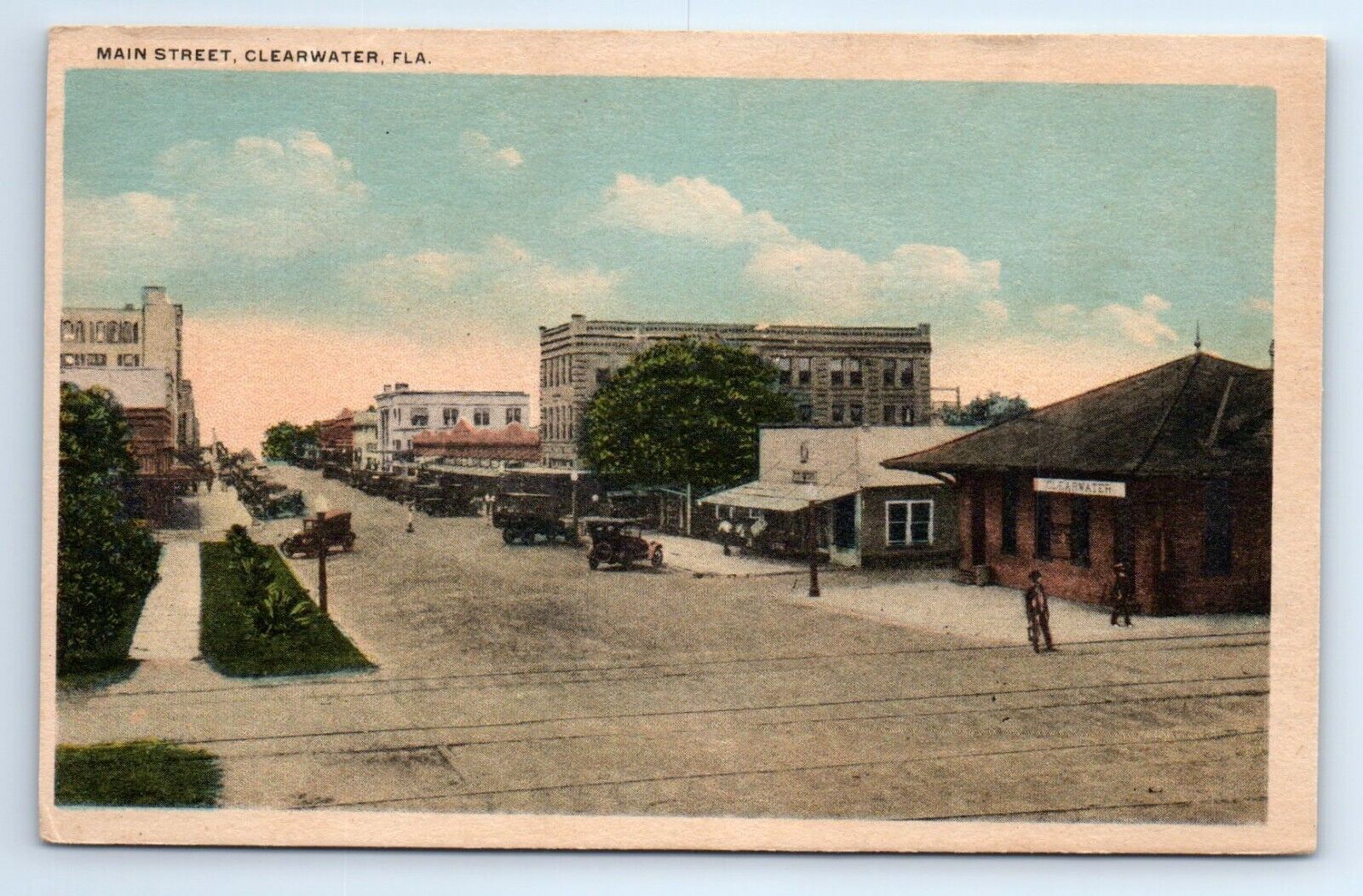 Clearwater Florida FL Main Street White Border Postcard c.1920