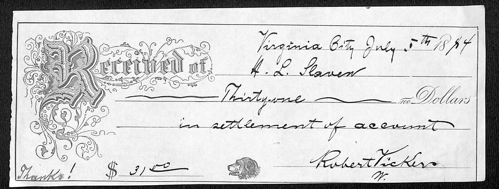 Virginia City Montana 1884 $31 Payment Receipt - Nice Hand Writing 