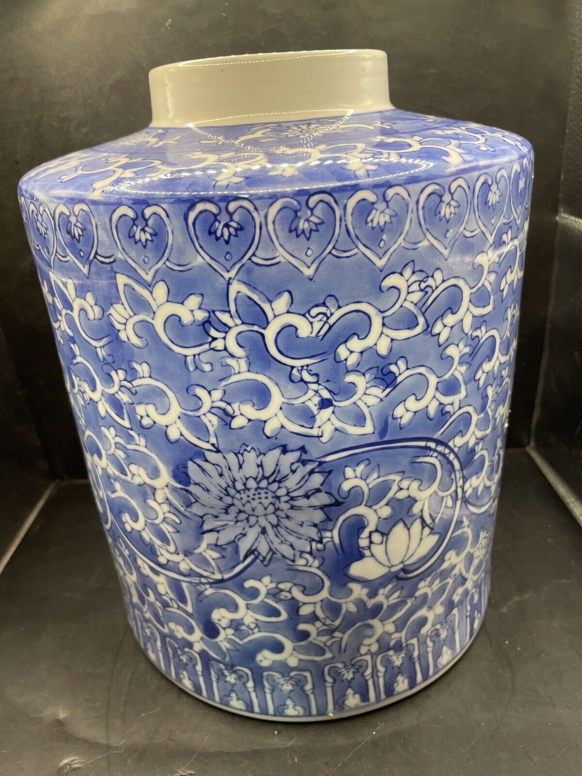 Beautiful Blue and White Porcelain Floral Motif Round  Jar 11.5” Made In China