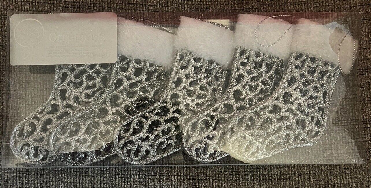 NEW 5 Pk Glitter Silver  Stockings White Fur Shatterproof  Christmas Ornaments