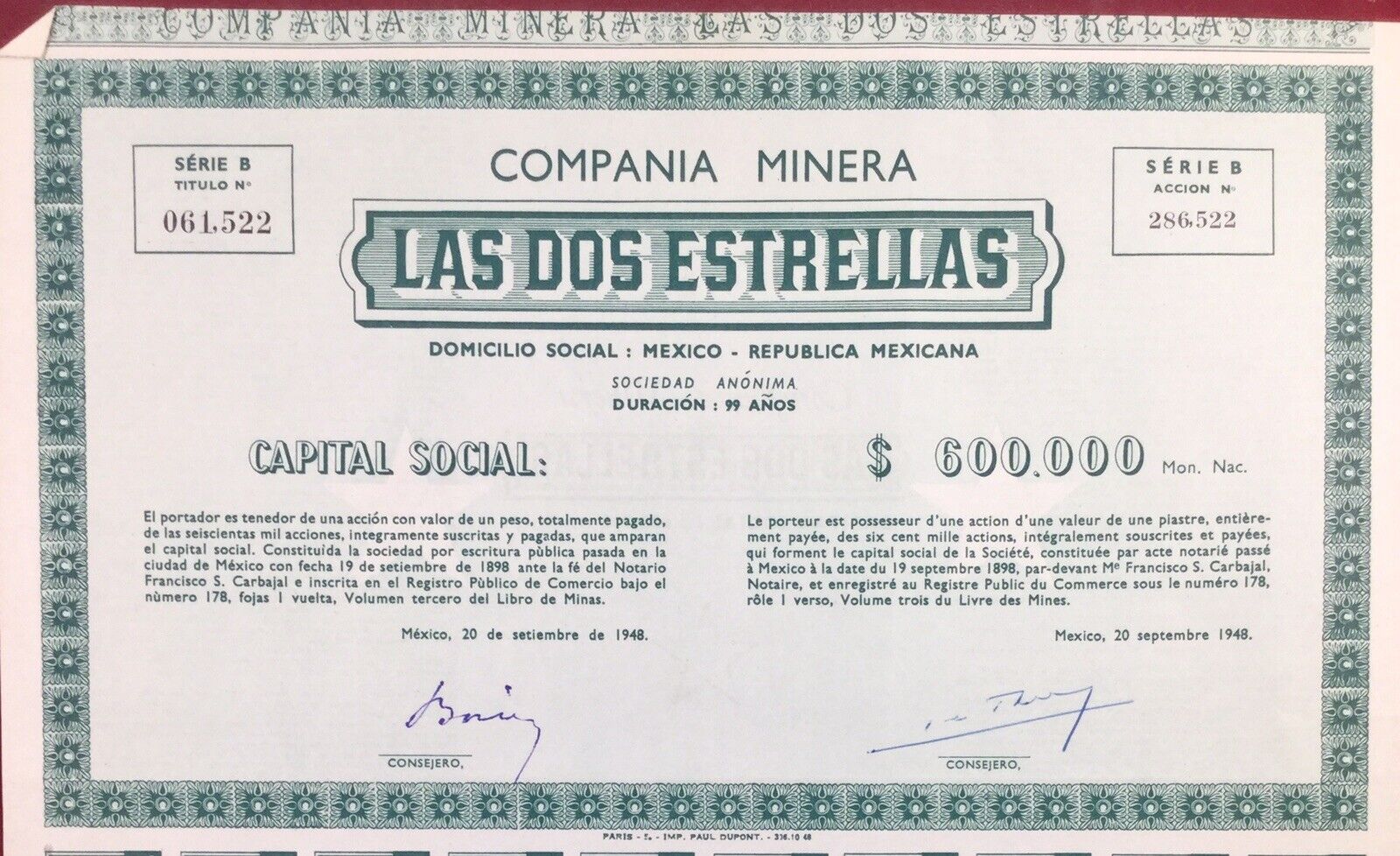 Mexico 1946 Action Mexico Republica Mexicana Compania Minera Las dos Estrellas