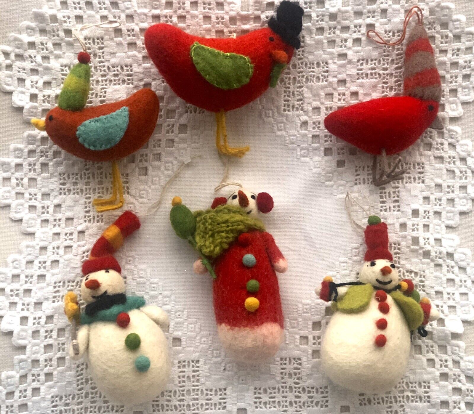 Super Cute Lot Of 6 Hand Felted Wool Hanging Ornaments~ 3 Snowmen, 3 Birds  VGC