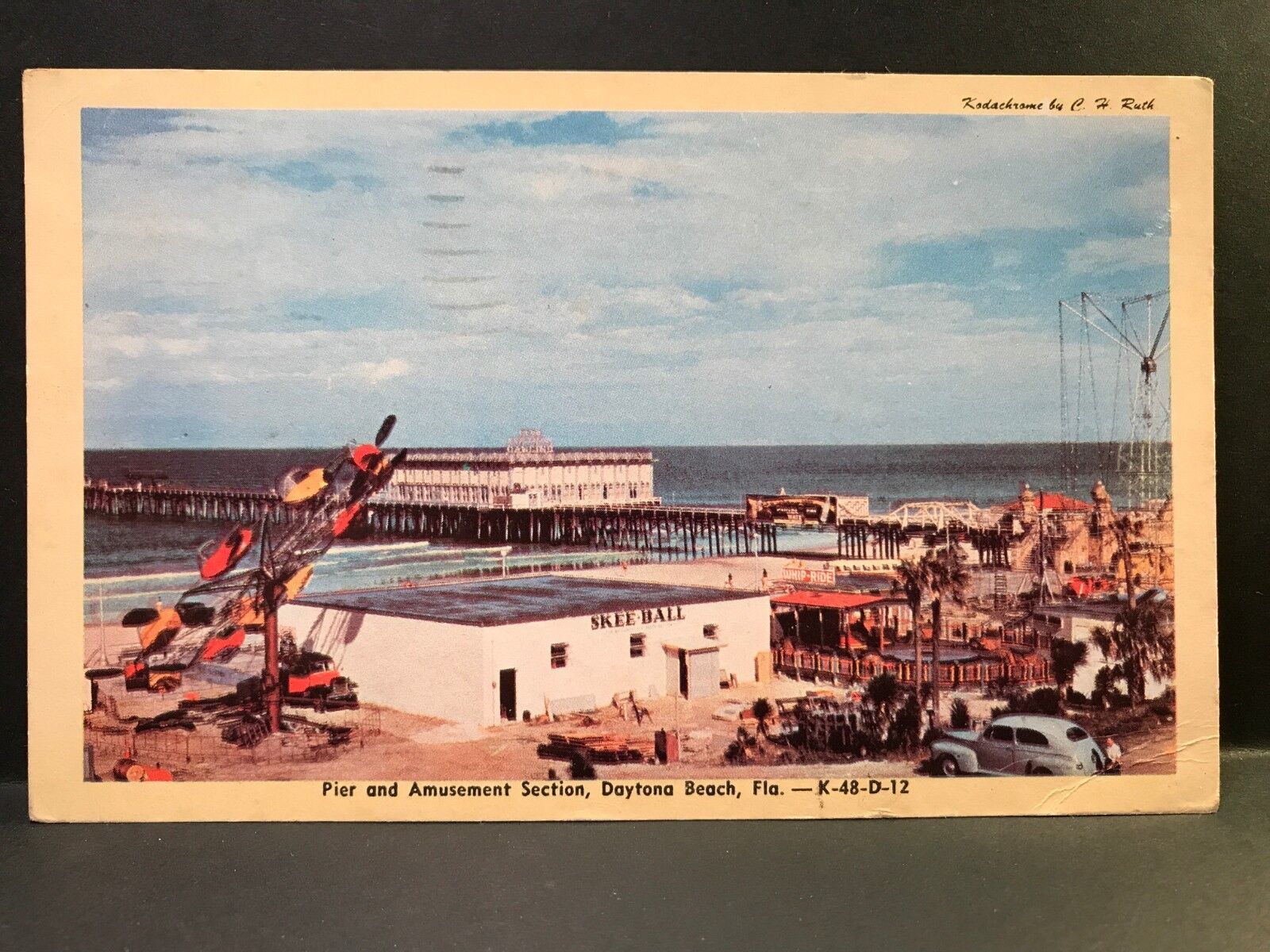 Postcard Daytona Beach FL c1940s - Pier and Amusement Park - Skee Ball Whip Ride