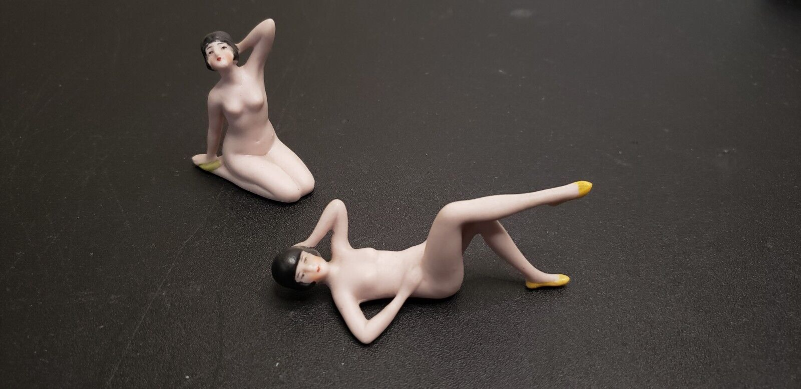Lot of 2 Vintage German Bisque Reclining Bathing Beauty Nude Figurines Dark Hair