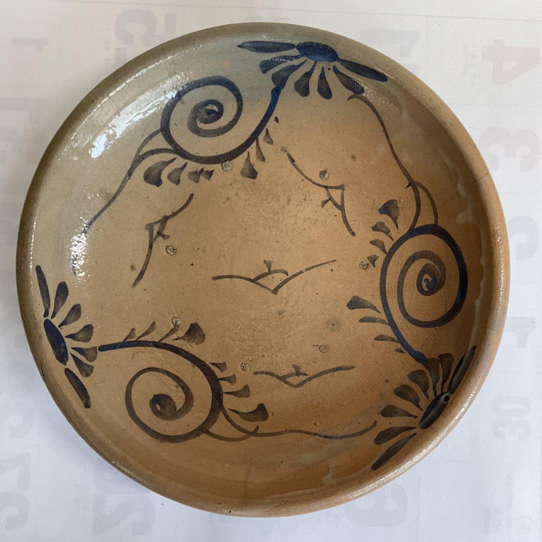 Seto Ware, Iron Glaze, Arabesque Patterned Stone Plate, Around The Middle Of Edo