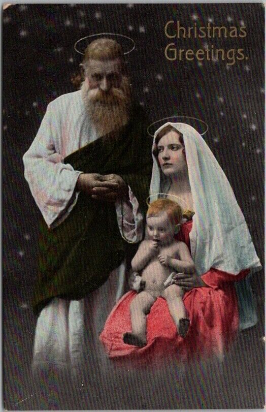 1910s CHRISTMAS GREETINGS Gel Postcard - Joseph, Mary & Baby Jesus - UNUSED