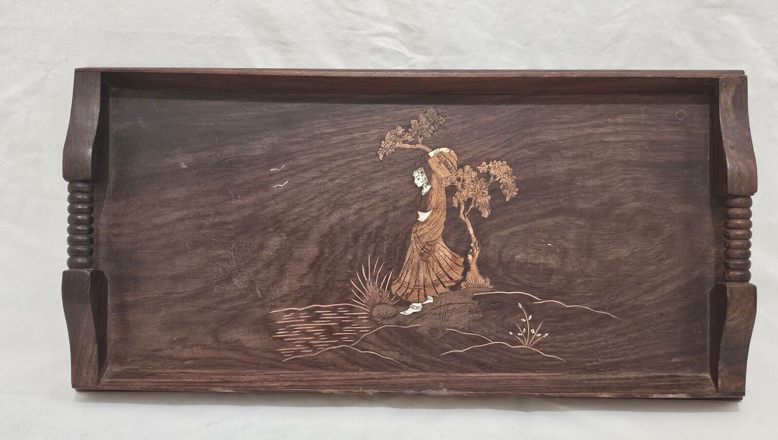 Antique Wooden Serving Tray Inlaid Figures  ~ Handled ~ 20
