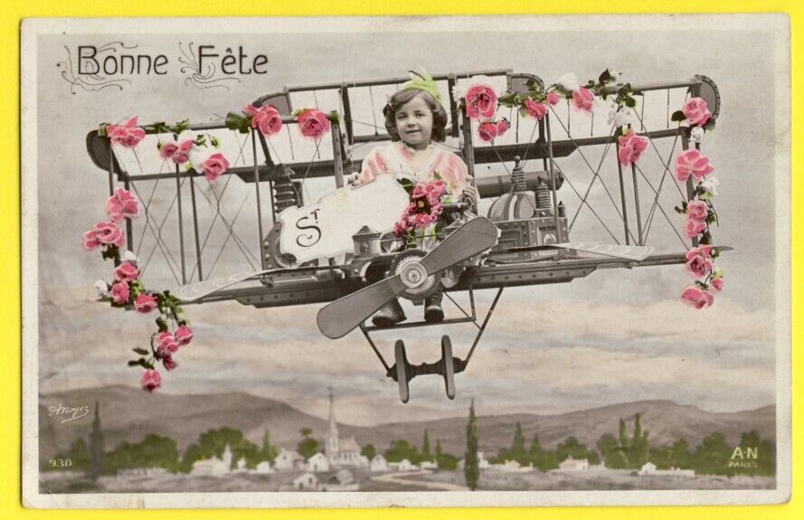 cpa SURREALISM AVIATION Biplan Young Girl Flowers HAPPY PARTY St...Airplane fancy