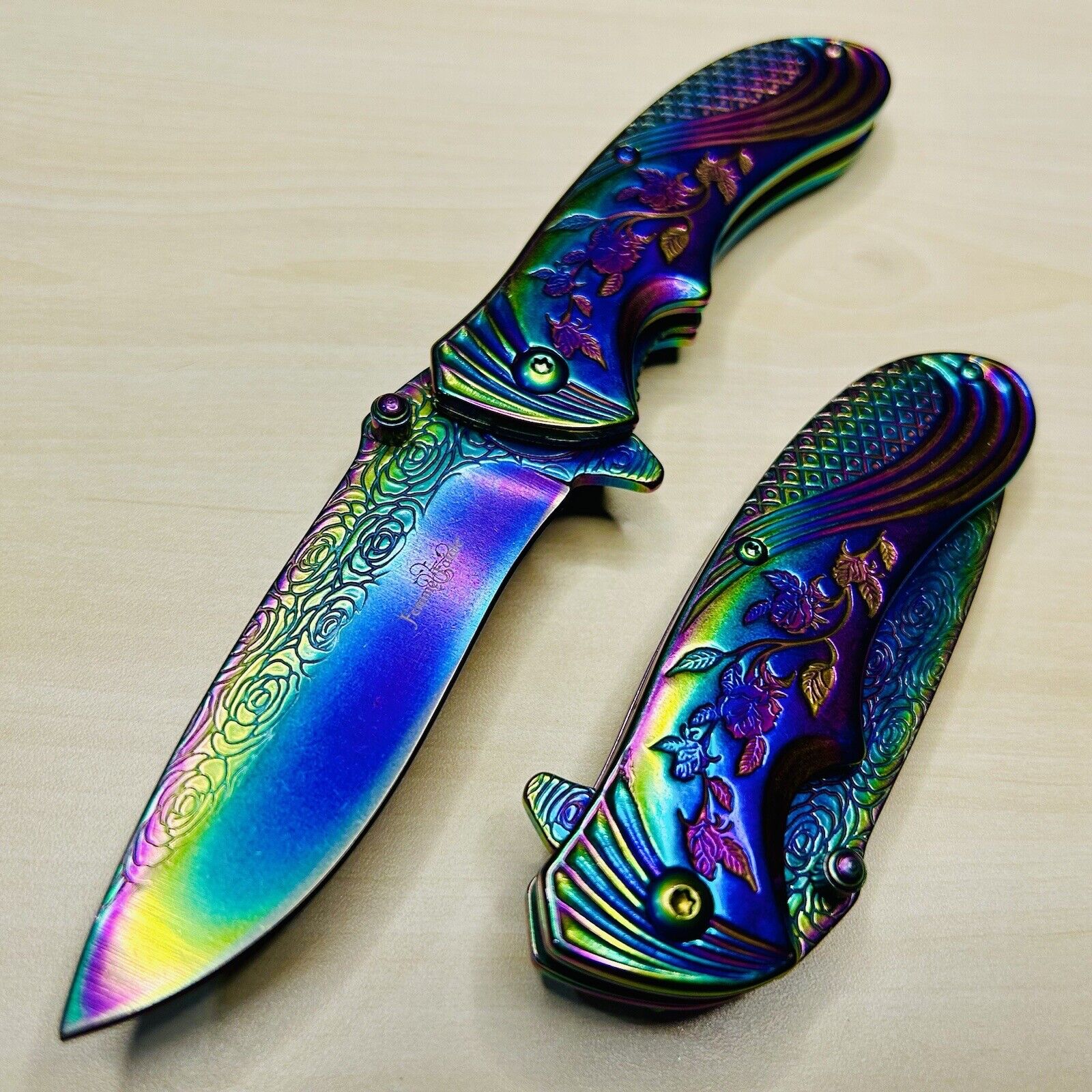 7” Rainbow Luxury Rose Tactical Spring Assisted Open Blade Folding Pocket Knife